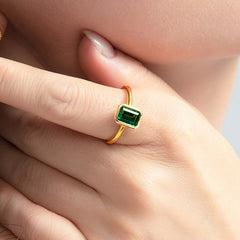 Emerald & Diamond Ring – 18K Gold Plated Elegant Octagon Ring for Women